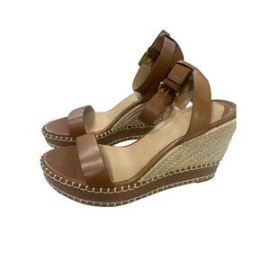 Ralph Lauren Womens Burnished Calf Leather Wedge Sandals 8.5 B Tan With Braided